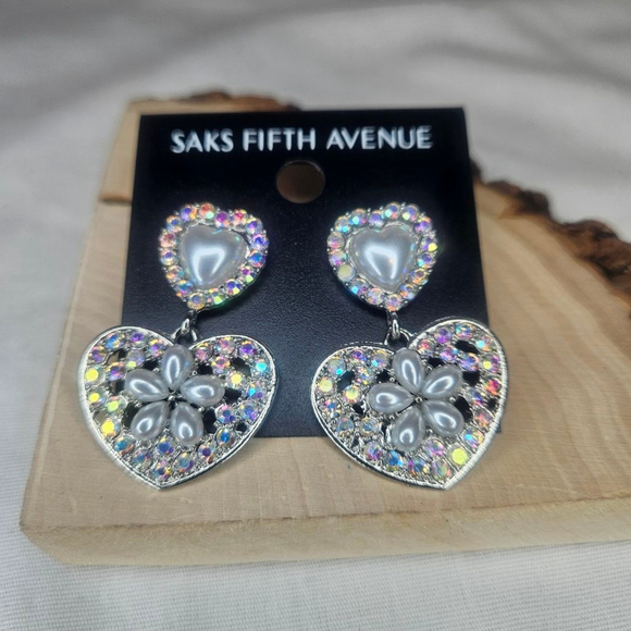 Saks Fifth Avenue Jewelry - Saks Fifth Avenue Heart Drop Earrings Pearl & AB Rhinestone Dangle Earrings NWT
